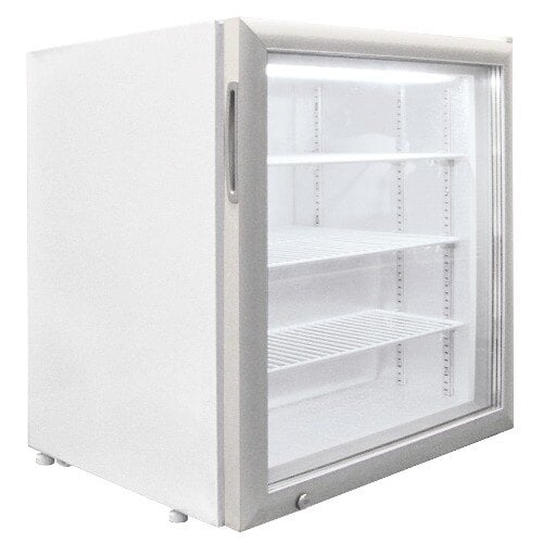 A white countertop display freezer with a glass swing door.