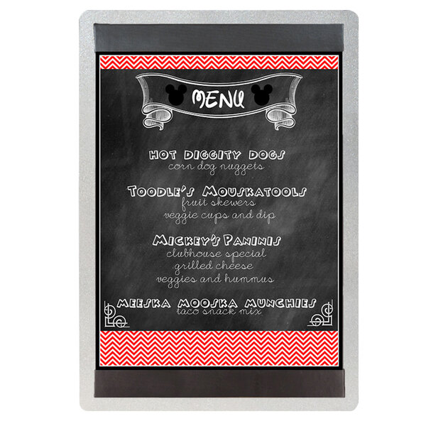 A Menu Solutions Alumitique aluminum menu board with white text and red and white chevron border.