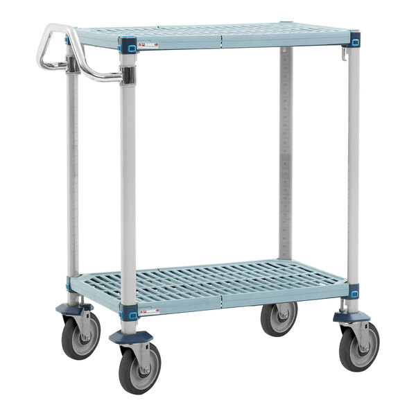 A blue MetroMax Q utility cart with wheels and a shelf.