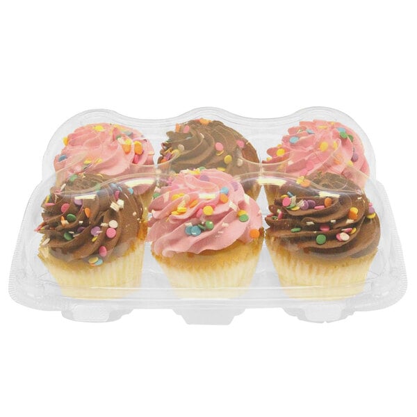 A clear plastic InnoPak container holding six cupcakes with pink and chocolate frosting and sprinkles.