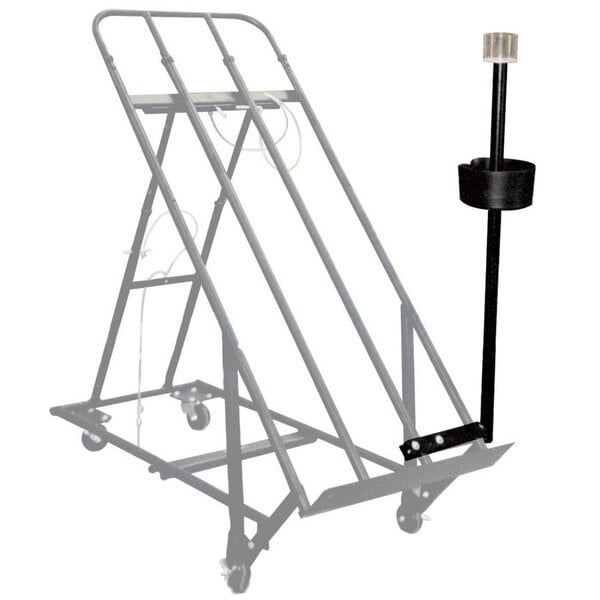 A black metal Marco Produce Bag Holder with a black metal pole on wheels.