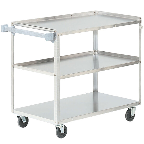A Vollrath stainless steel utility cart with three shelves and wheels.