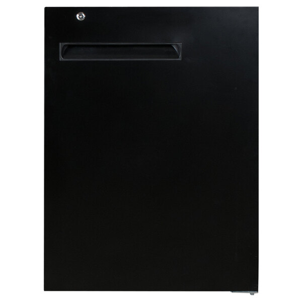 A black metal rectangular door with a handle and hinges.