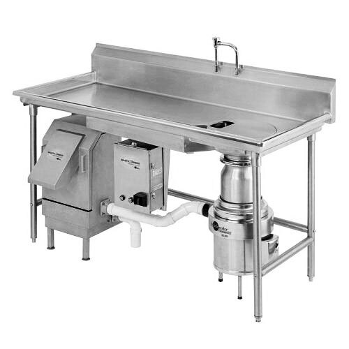 A stainless steel sink with a WasteXpress machine attached and a faucet.