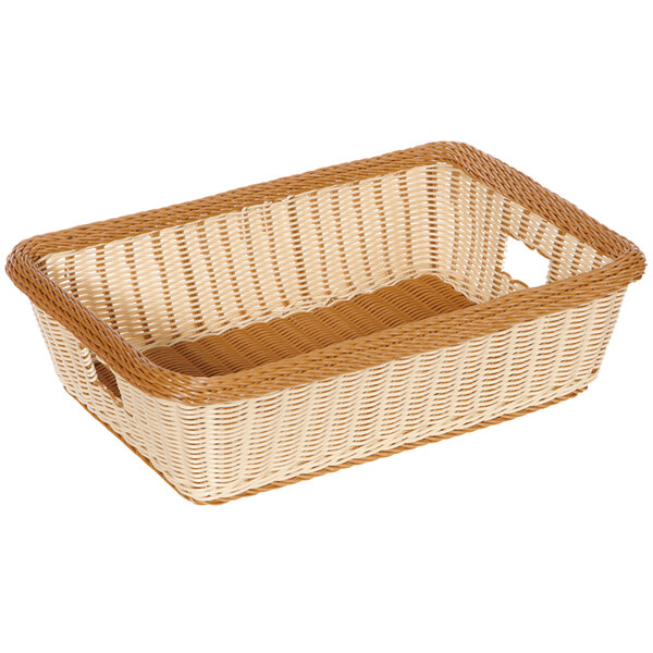 A two-tone rectangular plastic basket with handles.