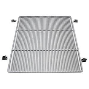A white coated metal grid shelf with screws.
