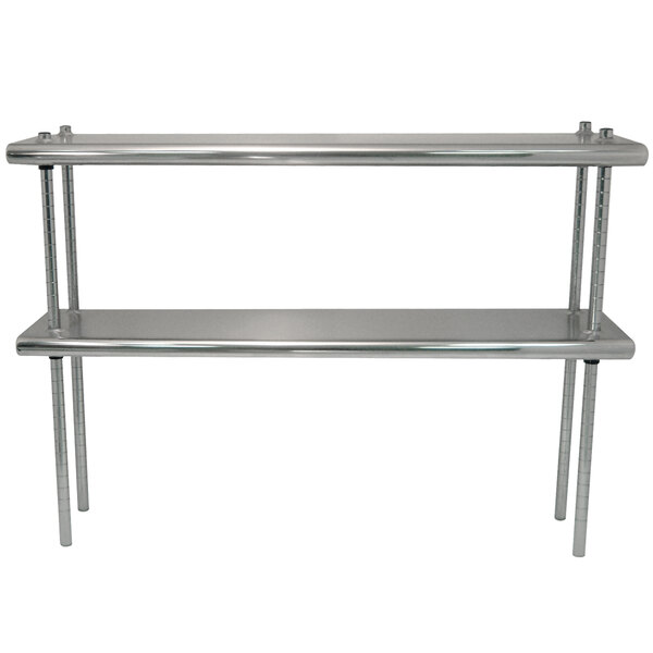 A stainless steel table mounted double deck shelving unit with two shelves.