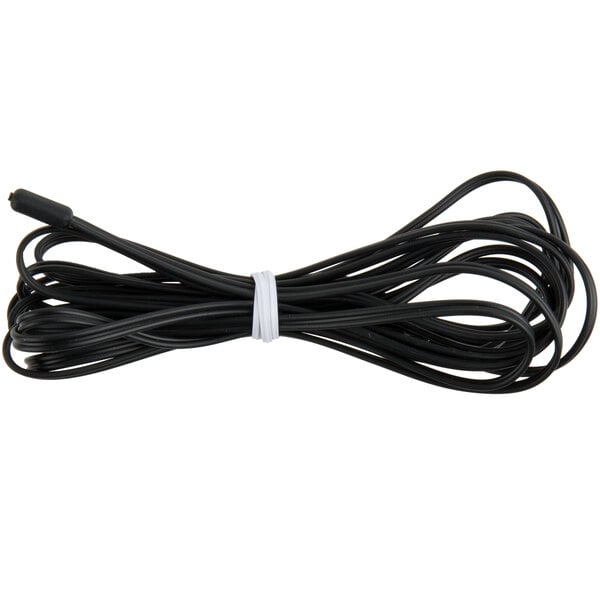 A black wire with a white band attached to a black probe sensor.