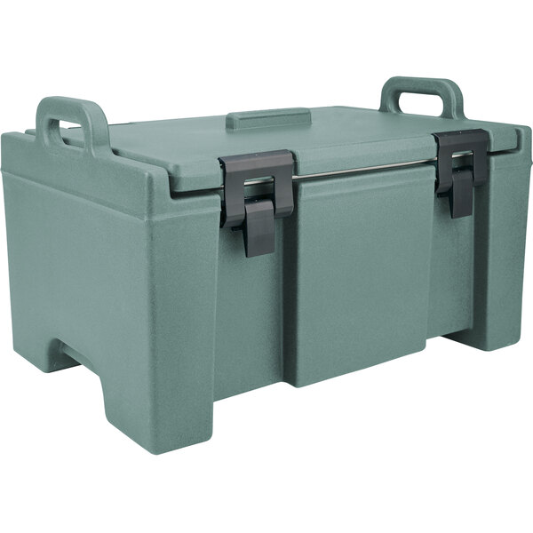 A close-up of a grey Cambro top loading insulated food pan carrier.