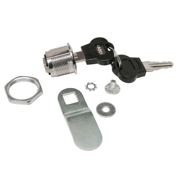 A True lock assembly kit with a key and keyhole with screws.