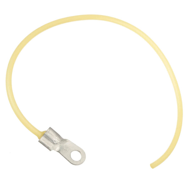 A yellow latex tube with a metal ring on the end.