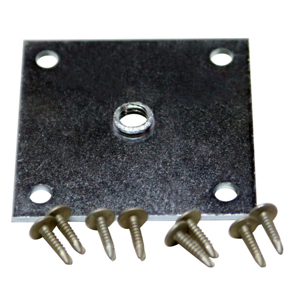A close-up of a True Caster / Leg Mounting Plate with screws.