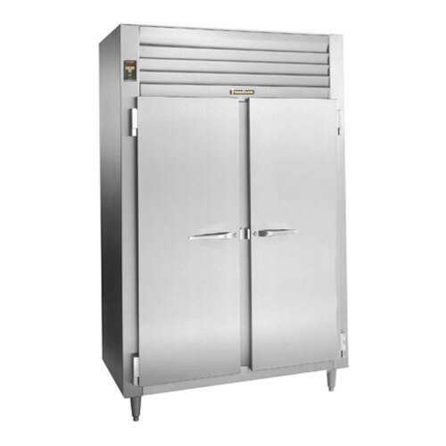 A stainless steel Traulsen reach-in freezer with two solid doors with silver handles.