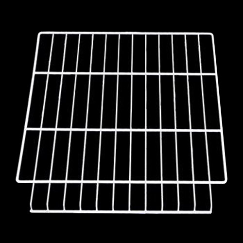 A stainless steel shelf with a metal grid.
