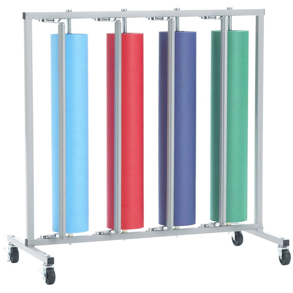 A Bulman vertical paper rack holding four rolls of paper on white poles.