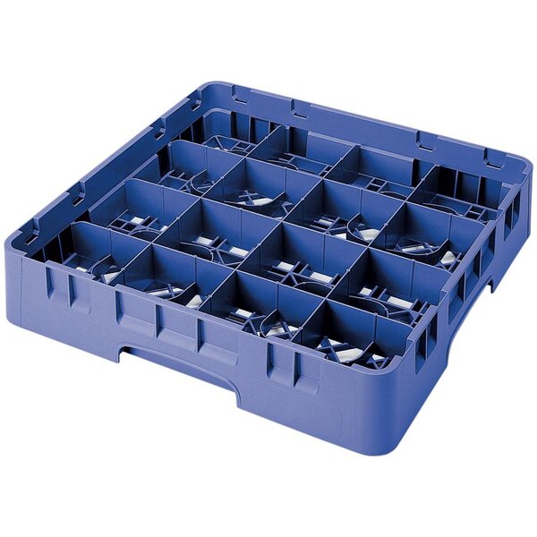 A blue Cambro glass rack with 16 compartments and 6 extenders.