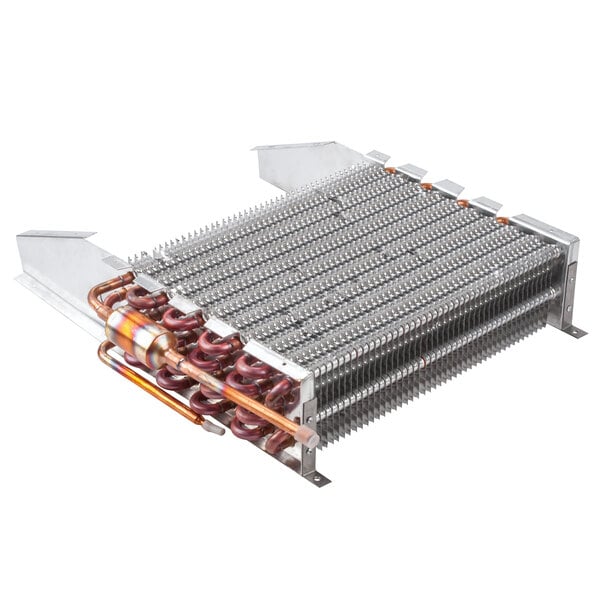 An Avantco evaporator coil, a metal heat exchanger with copper pipes.