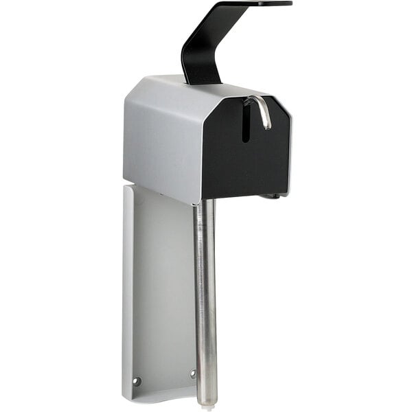 A silver and black metal Kutol heavy-duty hand soap dispenser with a black handle.
