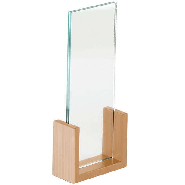 A wooden displayette with a glass insert on a white background.