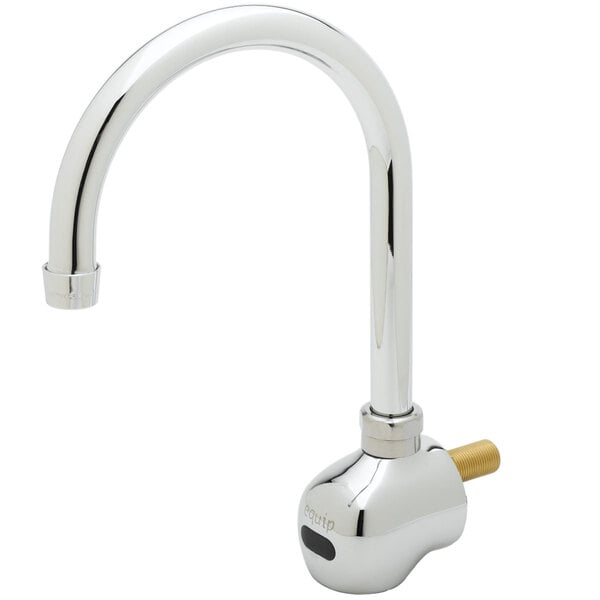 A silver Equip by T&S wall mounted sensor faucet with a chrome finish and a gold handle.