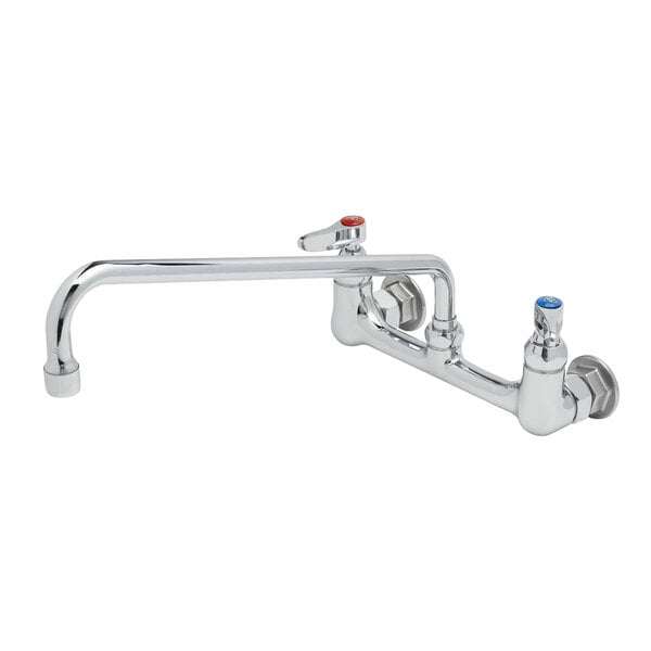 A chrome T&S wall mount faucet with lever handles and a swing spout.