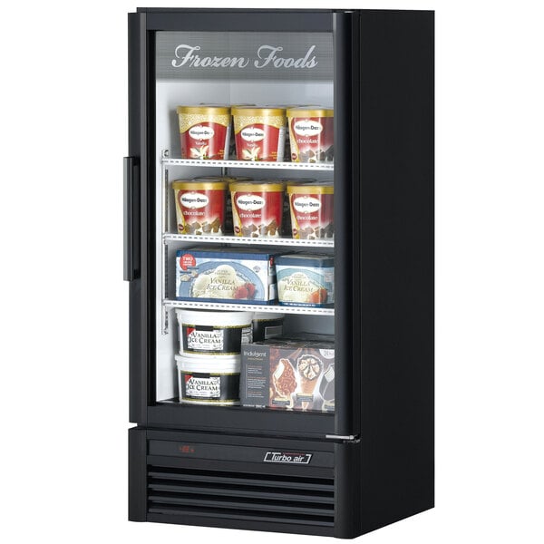 A Turbo Air black glass door freezer filled with ice cream containers.