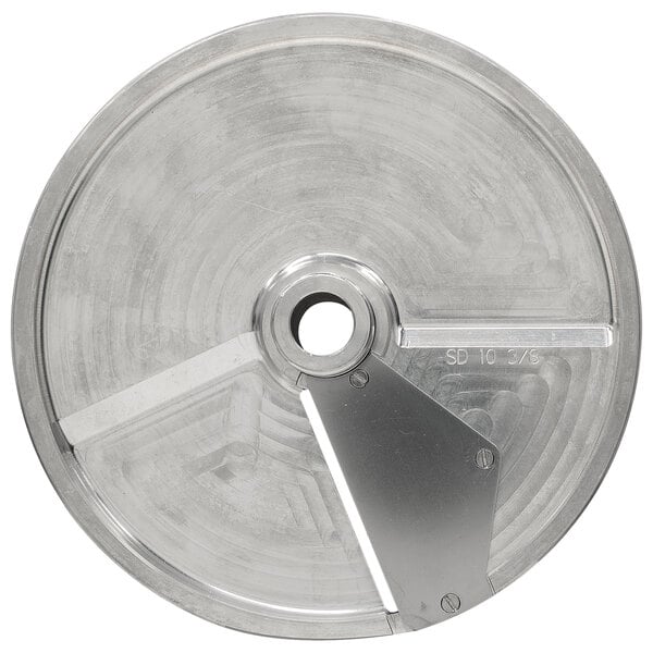 A stainless steel Hobart soft slicing plate with a circular metal blade and a hole in the center.