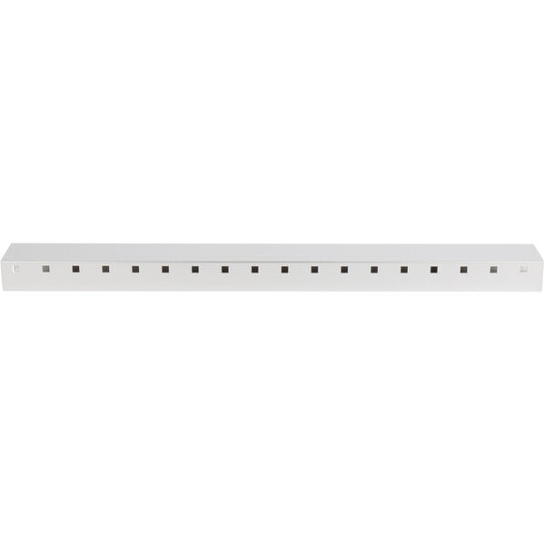 A white rectangular Avantco rear shelf support with small holes.