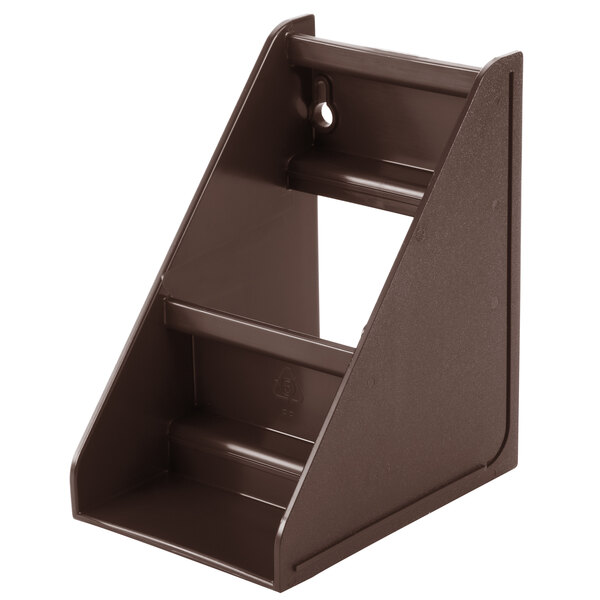 A brown metal self-serve condiment holder stand with two shelves.