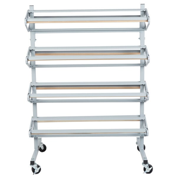 A white metal Bulman paper rack with four shelves.