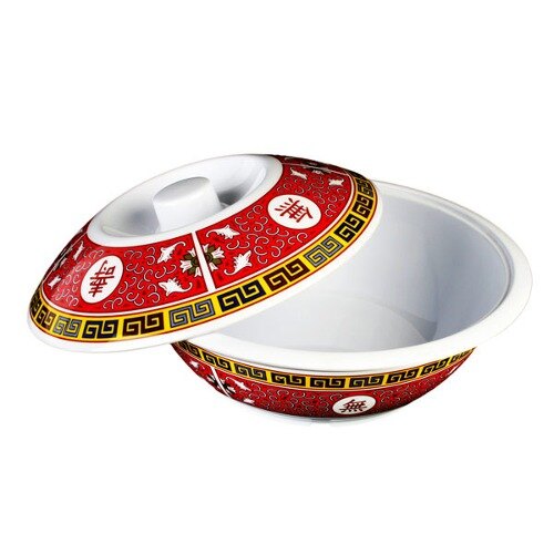 A red and black Thunder Group Longevity melamine serving bowl with a lid decorated with a Chinese design.