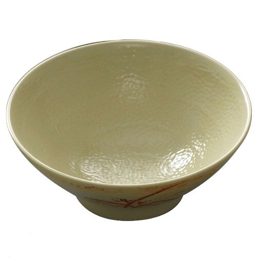 A close-up of a white Thunder Group melamine bowl with a brown and gold orchid design.