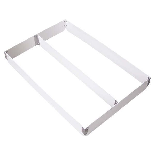 A white rectangular MFG Tray fiberglass pan extender divided lengthwise with metal corners.