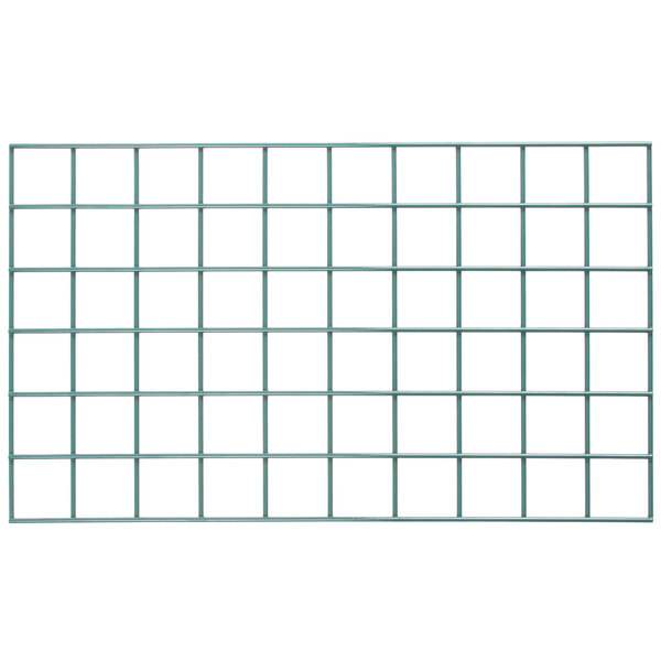 A close-up of a Metroseal 3 wire grid with green metal bars on a white background.
