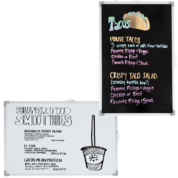 A white reversible menu board with writing on it and a drawing of a smoothie.