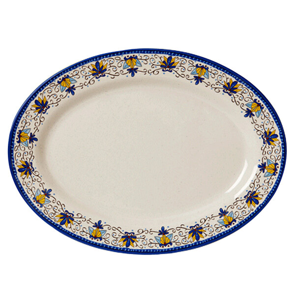 A white oval platter with blue and yellow designs.