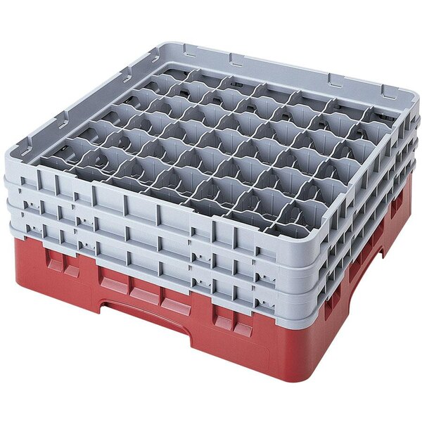 A red and gray Cambro plastic glass rack with compartments.