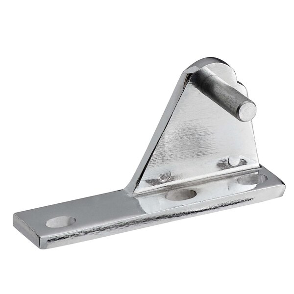 A stainless steel Avantco top right hinge bracket with screws and holes.