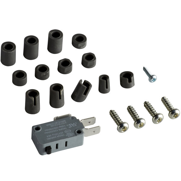 A set of black plastic parts including screws and nuts.