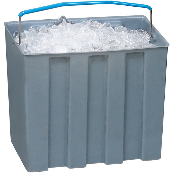 A gray Follett ice bucket with a blue handle.