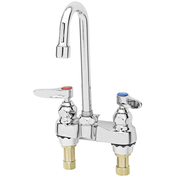 A chrome T&S deck mounted medical faucet with 2 handles and a rigid gooseneck nozzle.