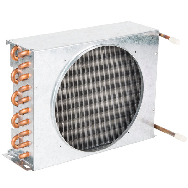 Avantco condenser coil with copper pipes inside a metal box.