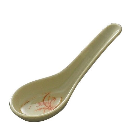 A close-up of a Thunder Group gold melamine wonton soup spoon with a flower design on it.