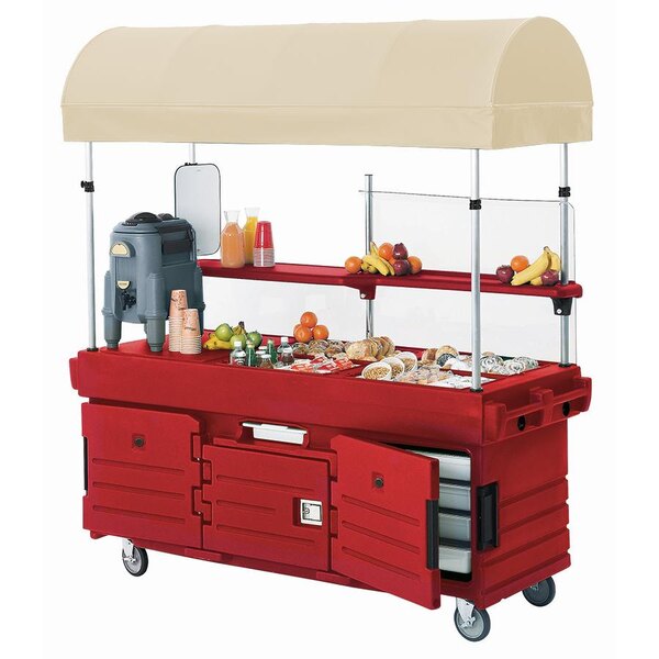 A red Cambro CamKiosk vending cart with a canopy and 6 pan wells.