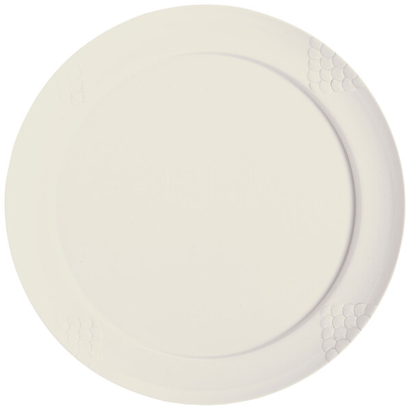 An ivory melamine plate with a circular design on it.