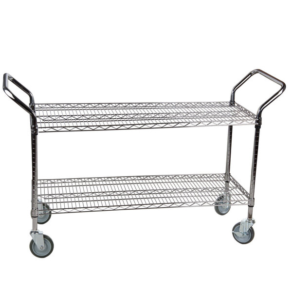 A chrome metal utility cart with two shelves and wheels.