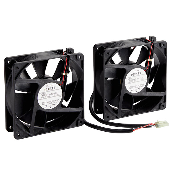 Two black Avantco axial condenser fans with wires.