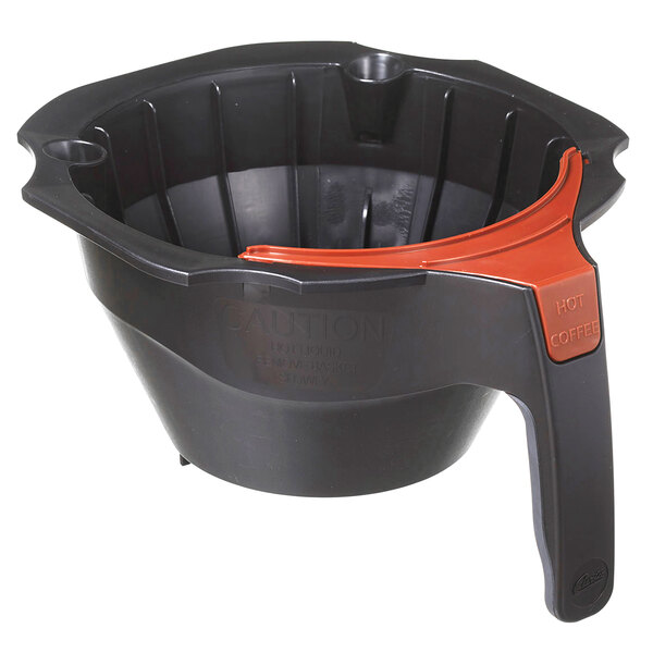 A black and orange plastic Curtis coffee filter basket with a handle.