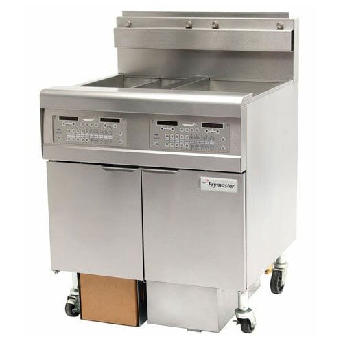 A stainless steel Frymaster natural gas floor fryer with two drawers.