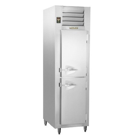 A stainless steel Traulsen reach-in freezer with one door.